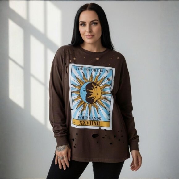 Fashion Nova Tops - Fashion Nova ✦ Future In Your Hands Tarot Top ✦ Brown Distressed Oversized Tunic